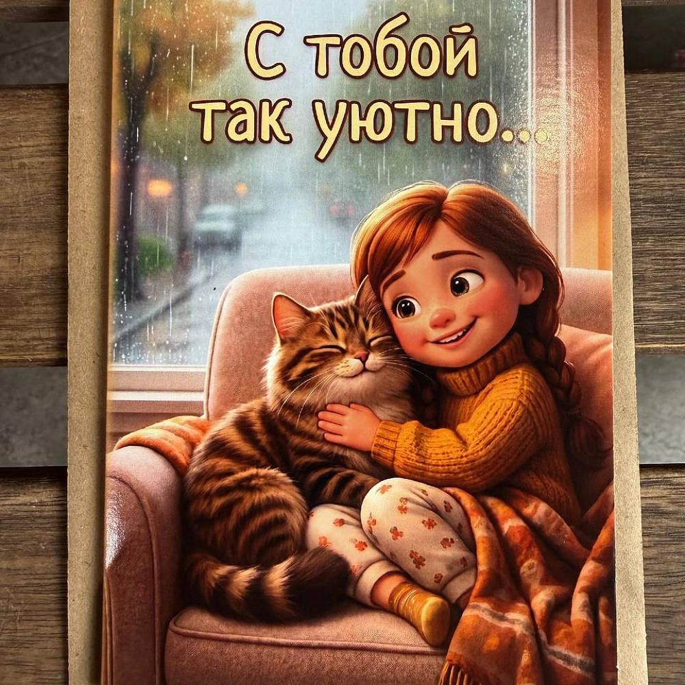 Открытка "Девочка с котом" с конвертом и надписью