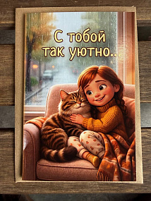 Открытка "Девочка с котом" с конвертом и надписью