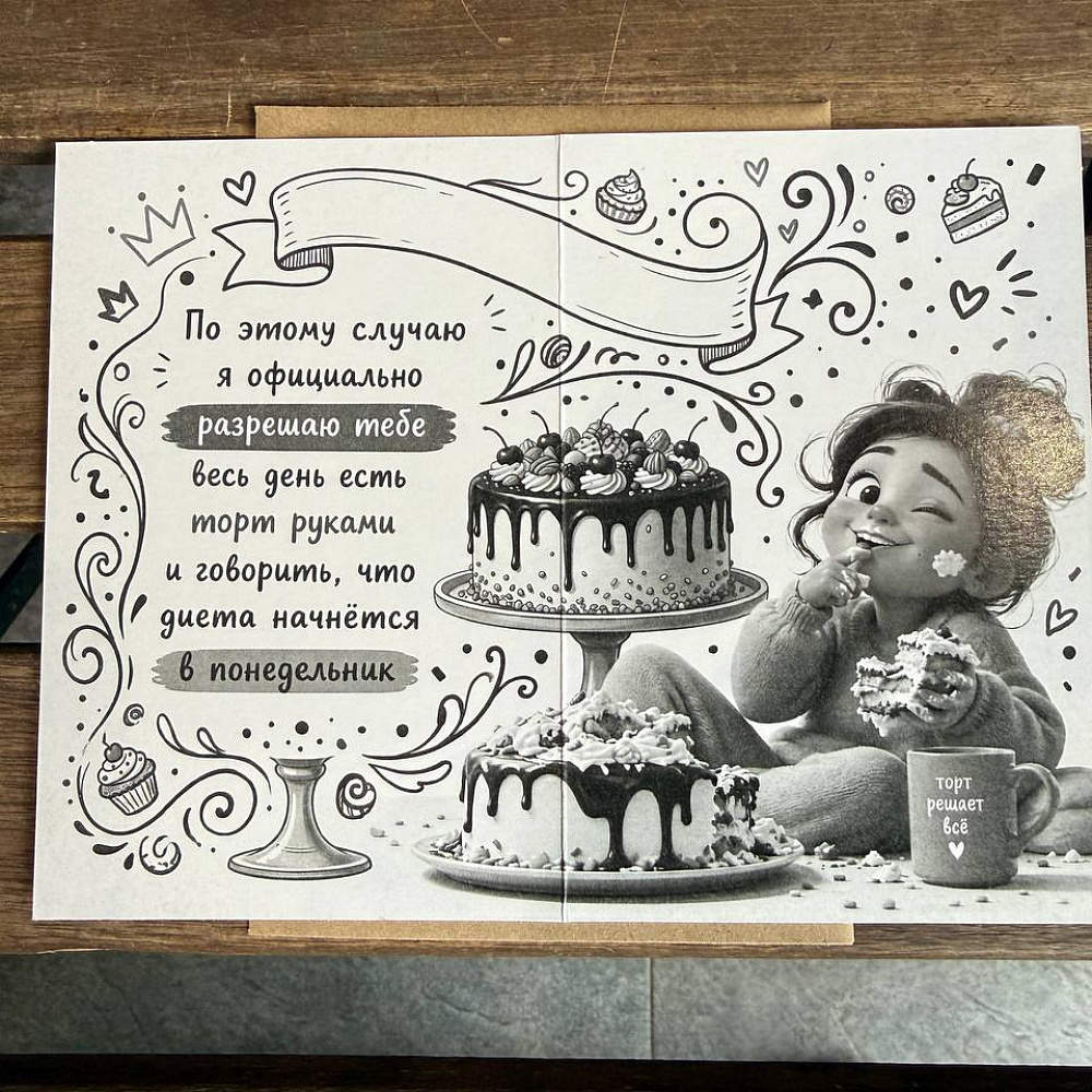 Открытка "С днём рождения" с конвертом и надписью