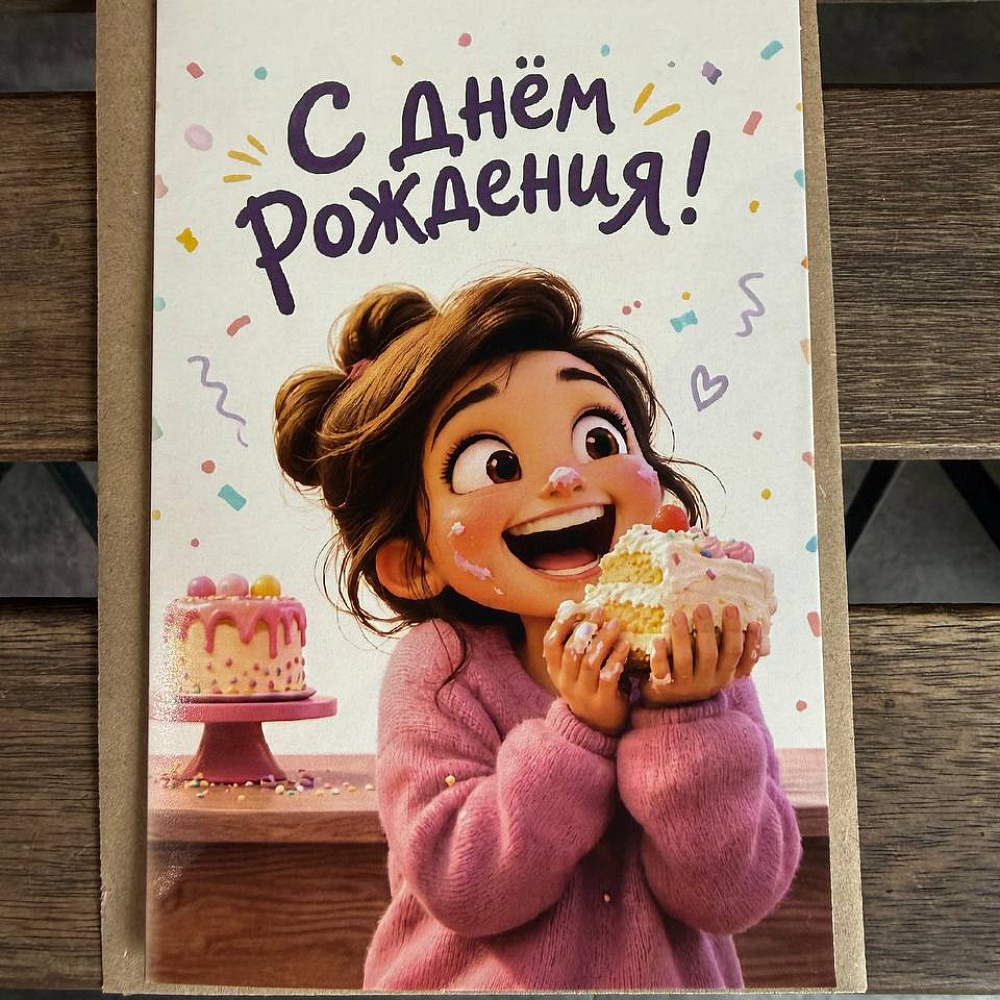 Открытка "С днём рождения" с конвертом и надписью